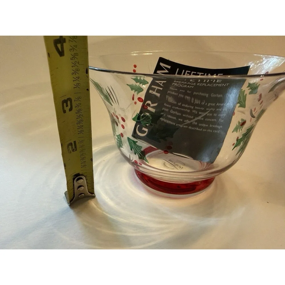 Gorham Festive Holly Candy Dish Hand Cut Painted 5" Diameter Christmas Glass - Picture 8 of 10